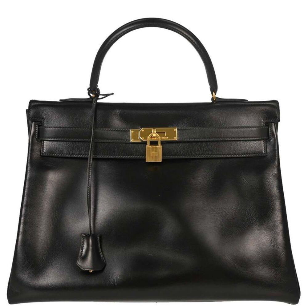 Hermes Kelly Black Box Calf With Gold Hardware Black Calfskin Handbag